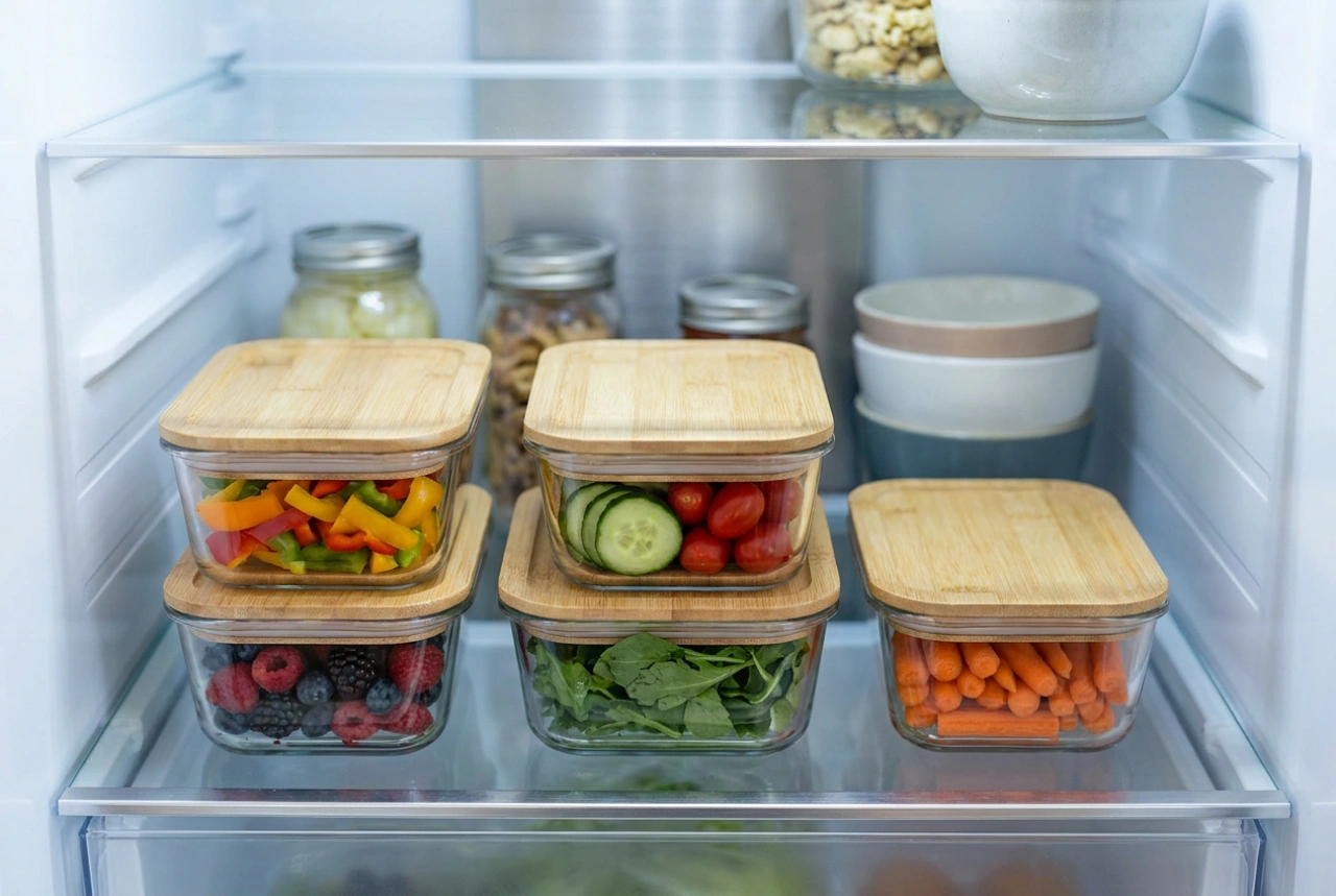 Üveg tárolódobozok tetővel a hűtőszekrény praktikus rendszerezésében
